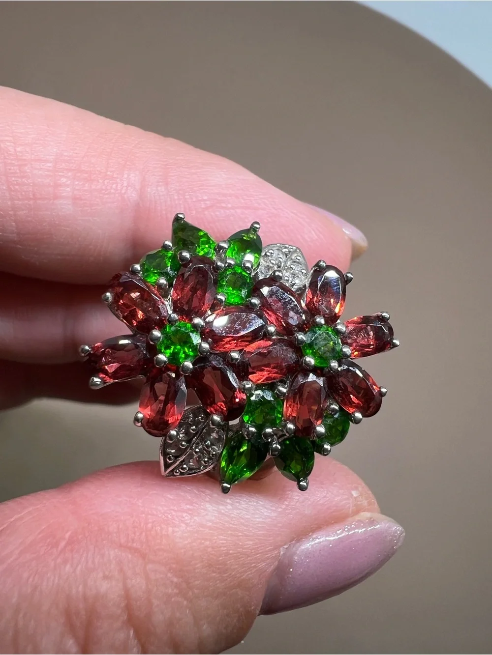 Floral Cluster Ring with Red and Green Gemstones in Sterling Silver